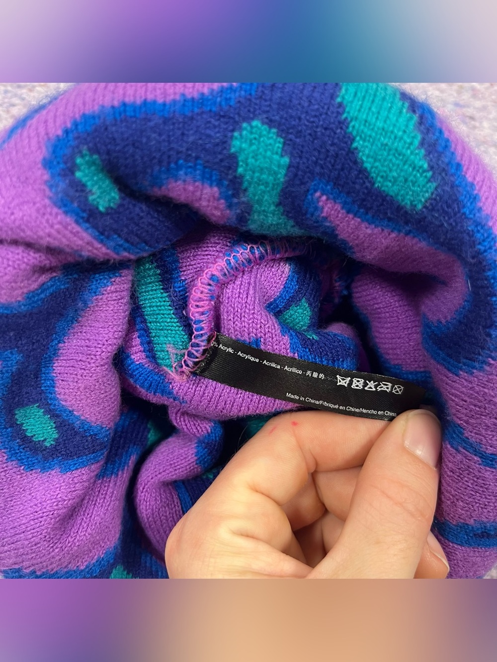 Petals and Peacocks Purple Blue Flame Pattern Beanie - Picture 4 of 8